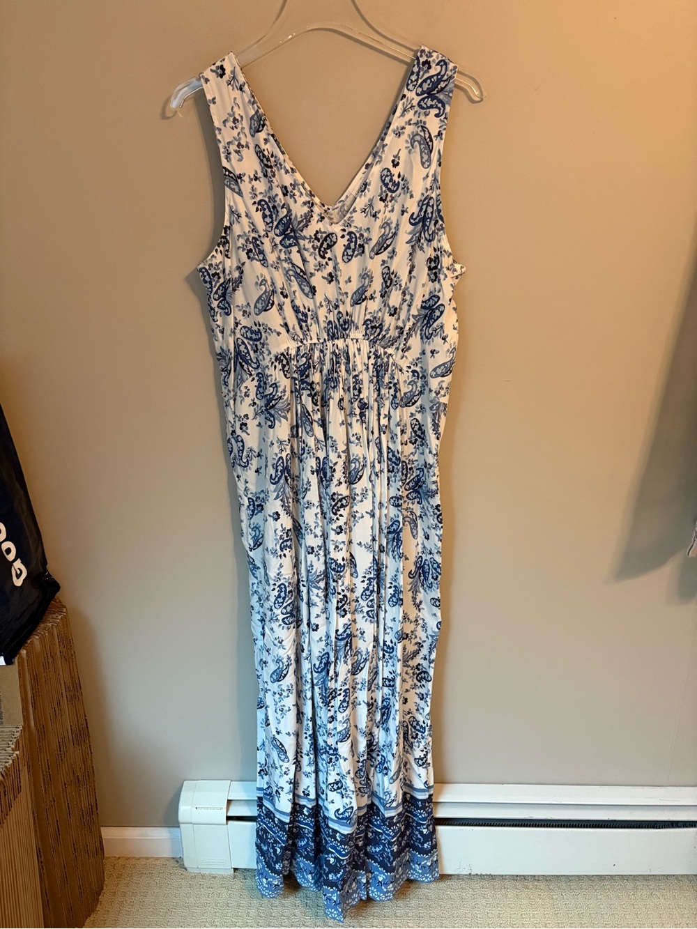 Lucky Brand White and Blue Paisley V-Neck Maxi Dress | Women's Sz M